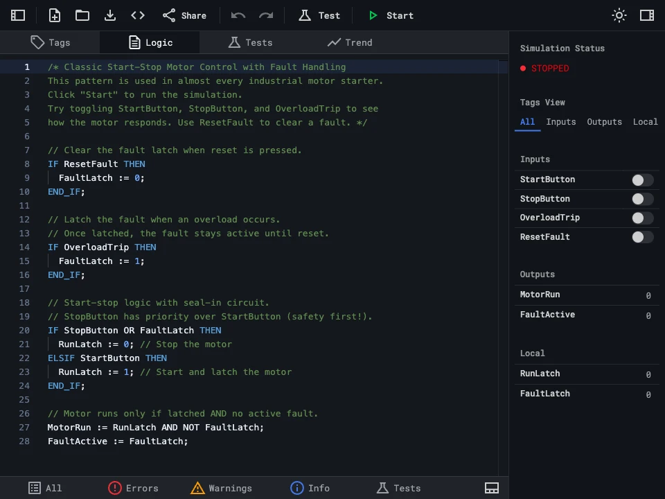Structured text editor showing a MotorControl AOI with IF/THEN logic for motor start, stop, and fault handling