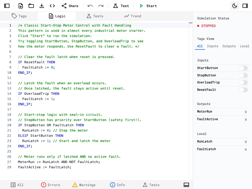 Structured text editor showing a MotorControl AOI with IF/THEN logic for motor start, stop, and fault handling